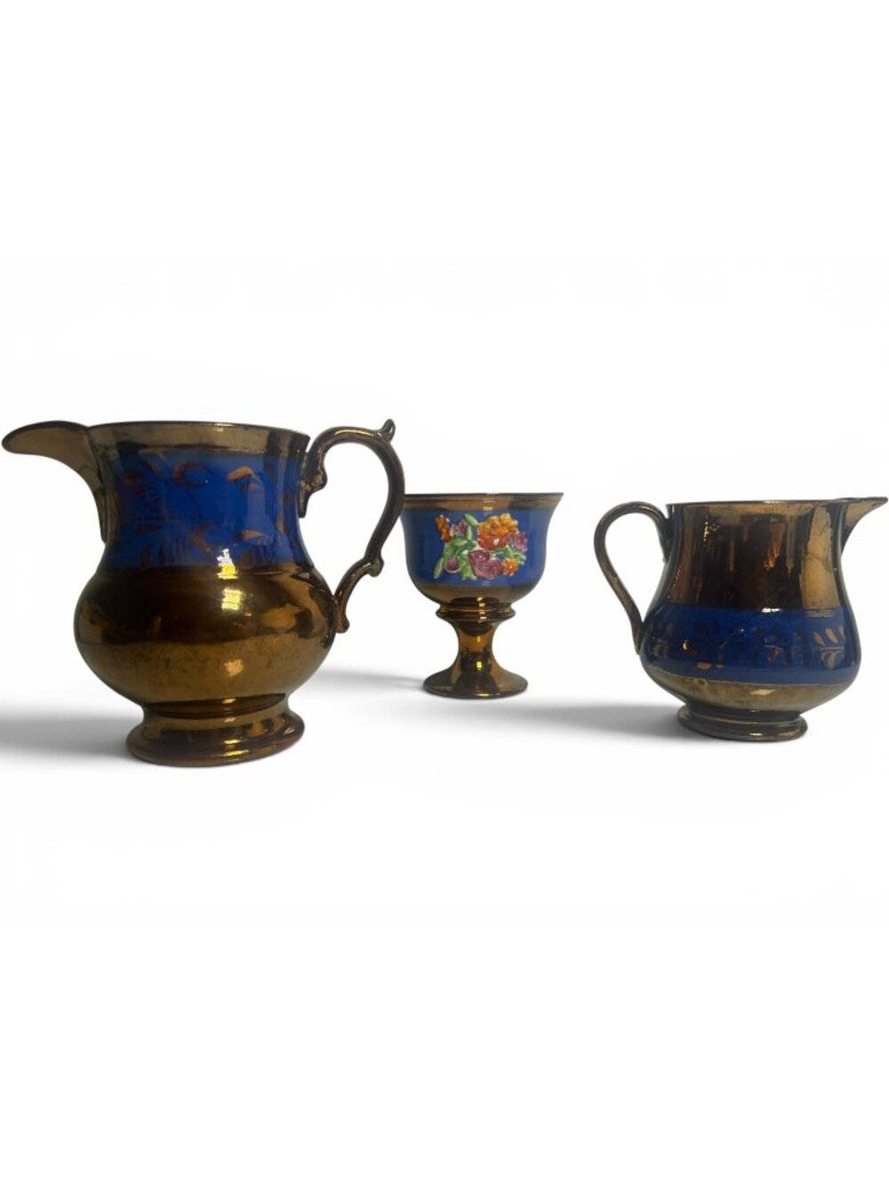 Antique Victorian Copper Lusterware 2 Pitchers Goblet Blue Floral Staffordshire